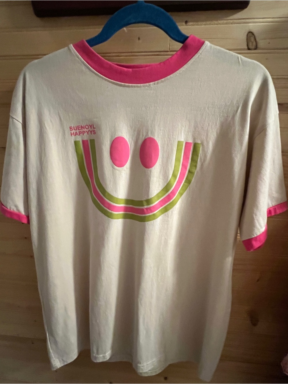 Kids Cream Graphic Tee with Pink Trim and Lime Smile
